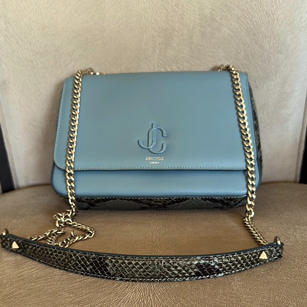Jimmy Choo Snake Print  Blue  leather Crossbody Shoulder Bag with Silver Chain